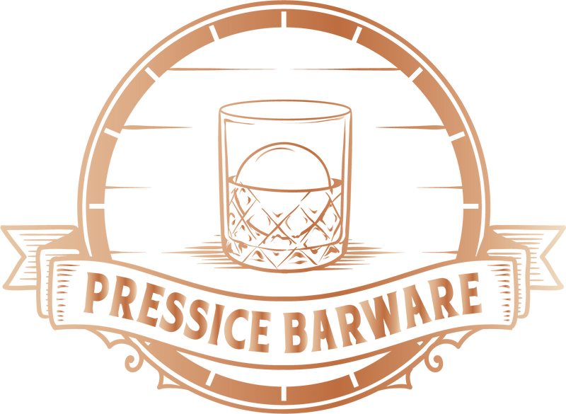pressice barware logo, whiskey barrel, sphere ice ball