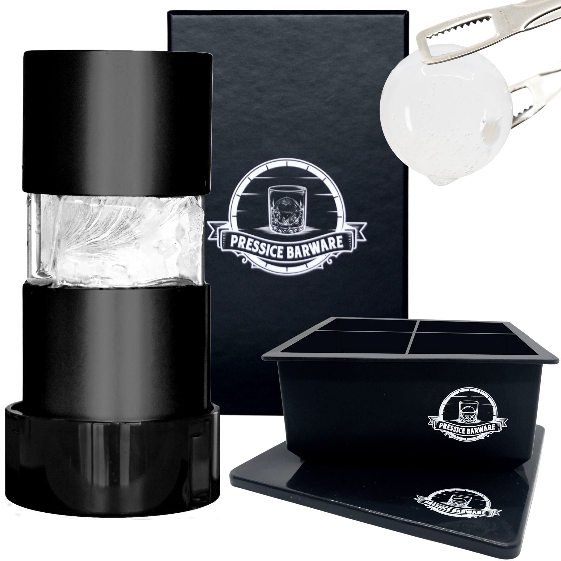 Black barware set with ice maker, container, and tongs on a white background.