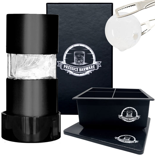 Black barware set with ice maker, container, and tongs on a white background.