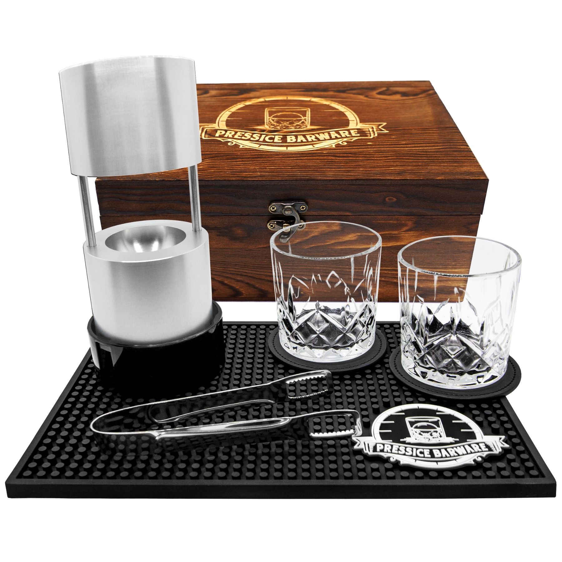 Barware set with two glasses, a lamp, tongs, and a tray on a white background.